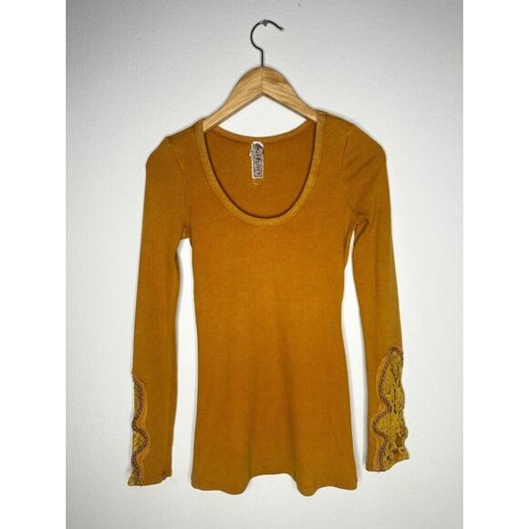 Y2K Free People Mustard Yellow Synergy Thermal Crochet Cuff Lace Knit XS - Picture 11 of 13